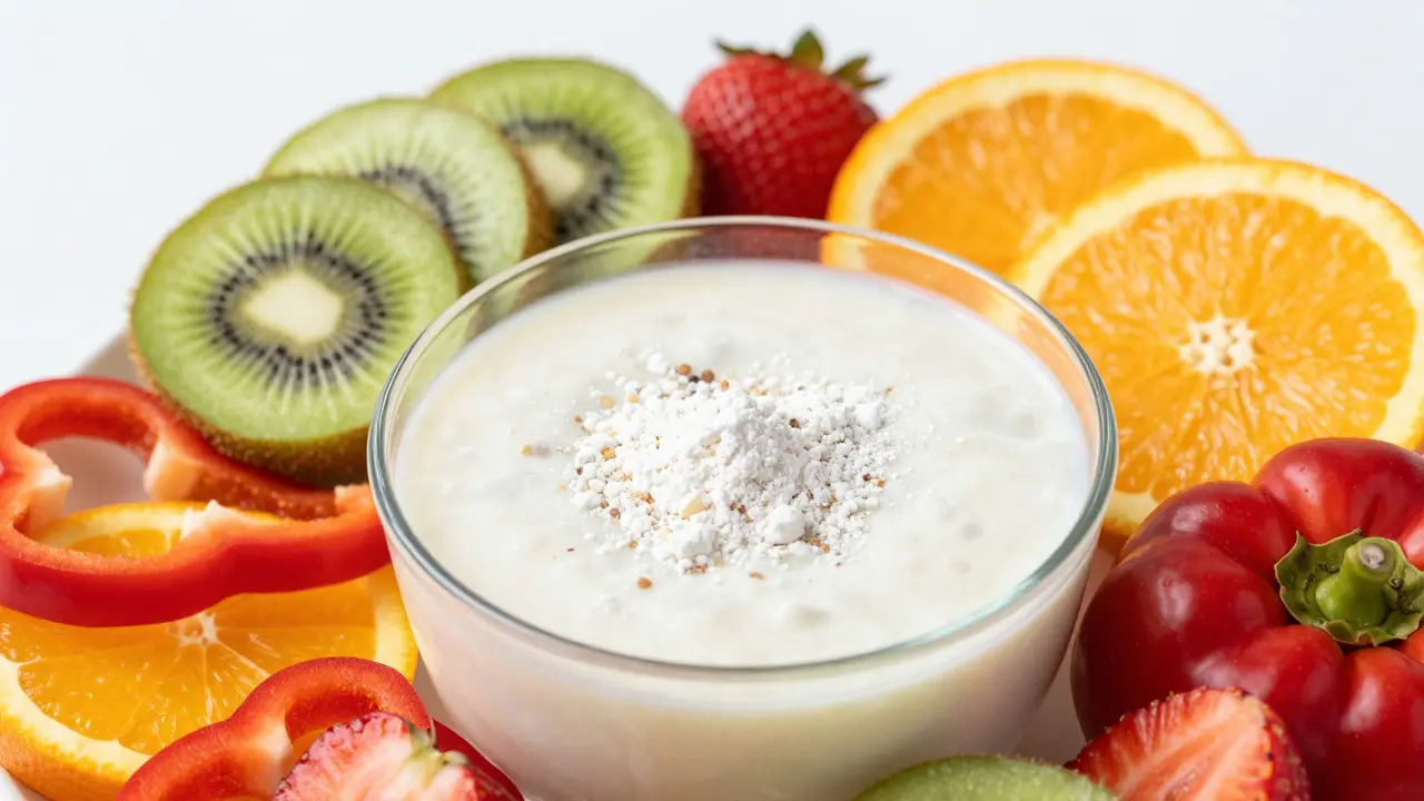 Miska s kolagenovým smoothie obklopená ovocem bohatým na vitamín C
