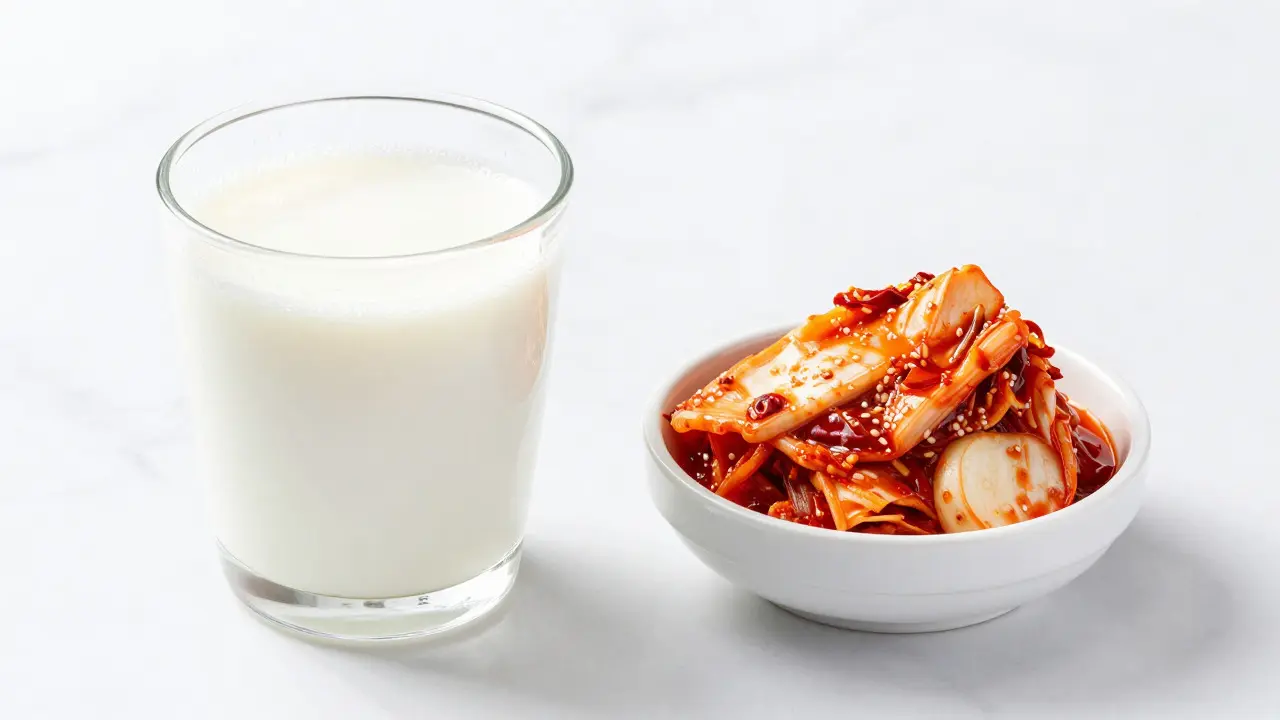 Skládaný pohled na sklenici kefíru a misku korejského kimchi na bílém povrchu