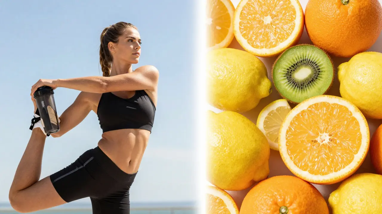 Sportovec před tréninkem a citrusové ovoce pro synergii vitamínu C s kolagenem.