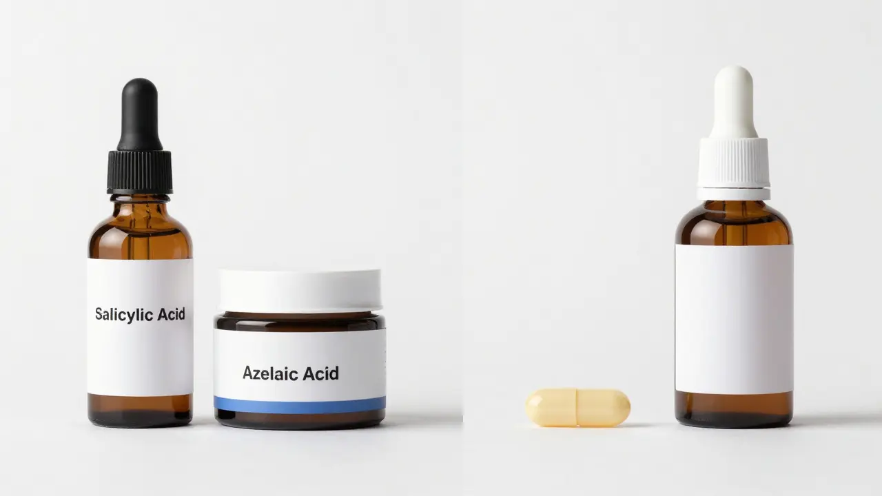 Studio shot of key acne-fighting skincare ingredients including Salicylic Acid, Azelaic Acid, Retinol, and Niacinamide products on a clean white background.