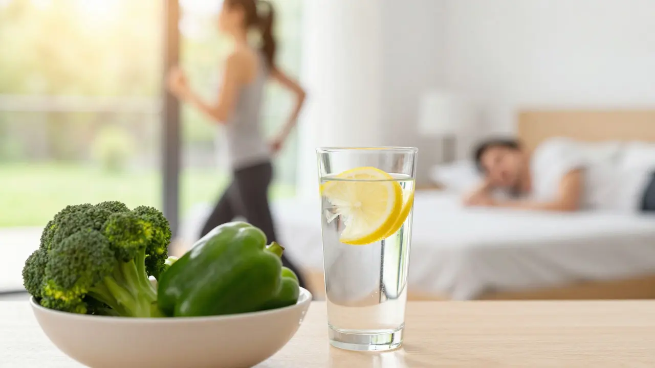 Zdravé návyky jako pití vody, zelenina, pohyb a spánek pro podporu detoxikace