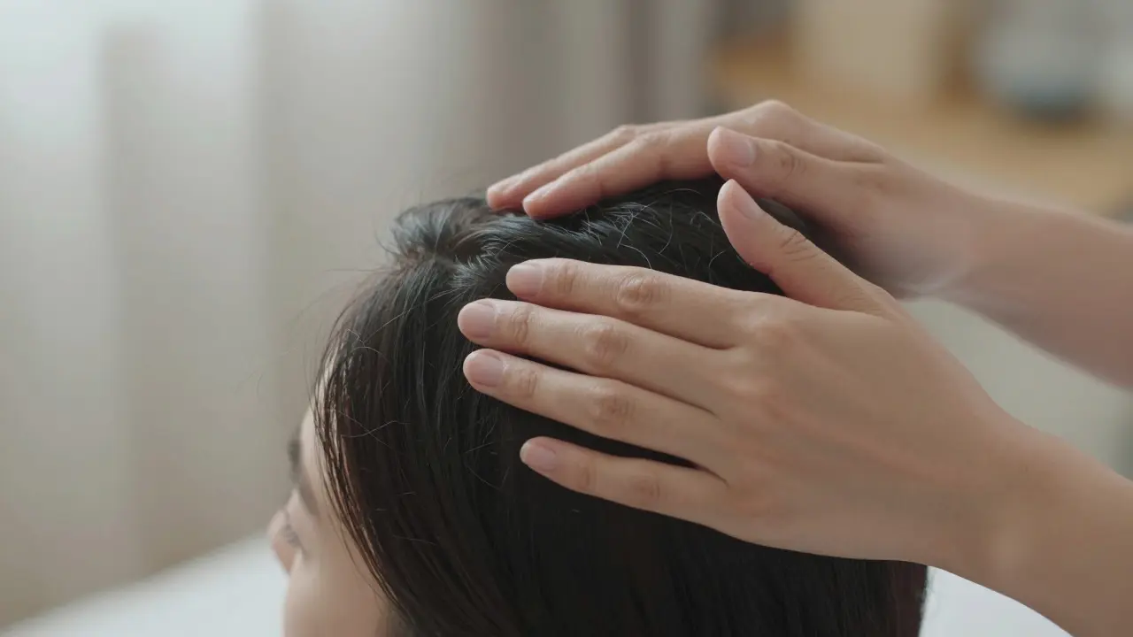 Žena si jemně masíruje pokožku hlavy prsty pro lepší prokrvení