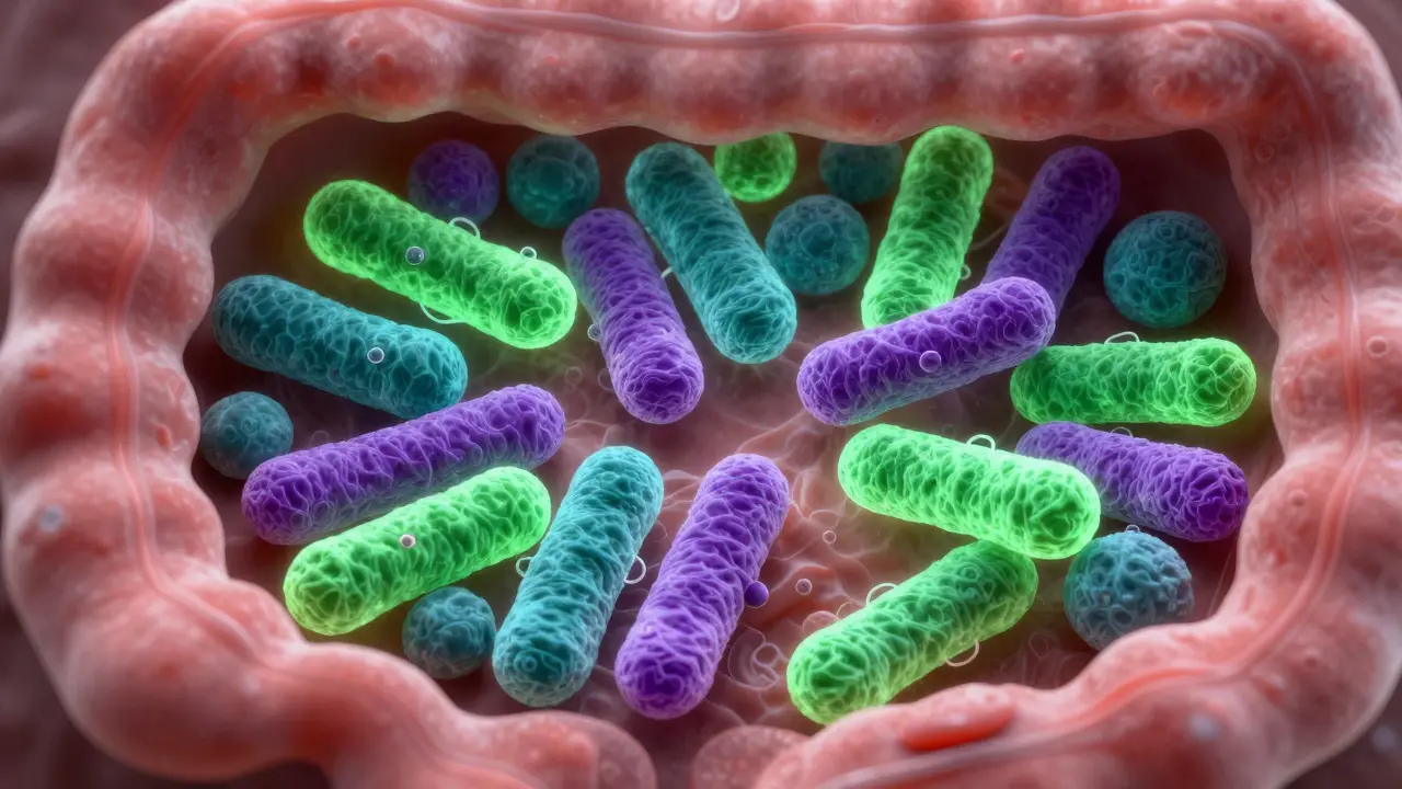 Abstract macro view of colorful bacteria colonies in an intestine