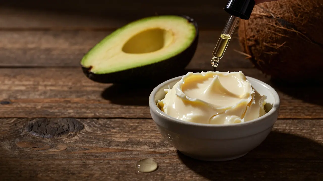 Bowl of shea butter with jojoba oil drop on a wooden table