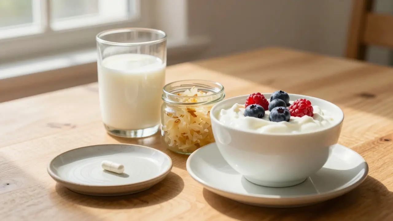 Breakfast table with kefir, yogurt, sauerkraut and a supplement capsule