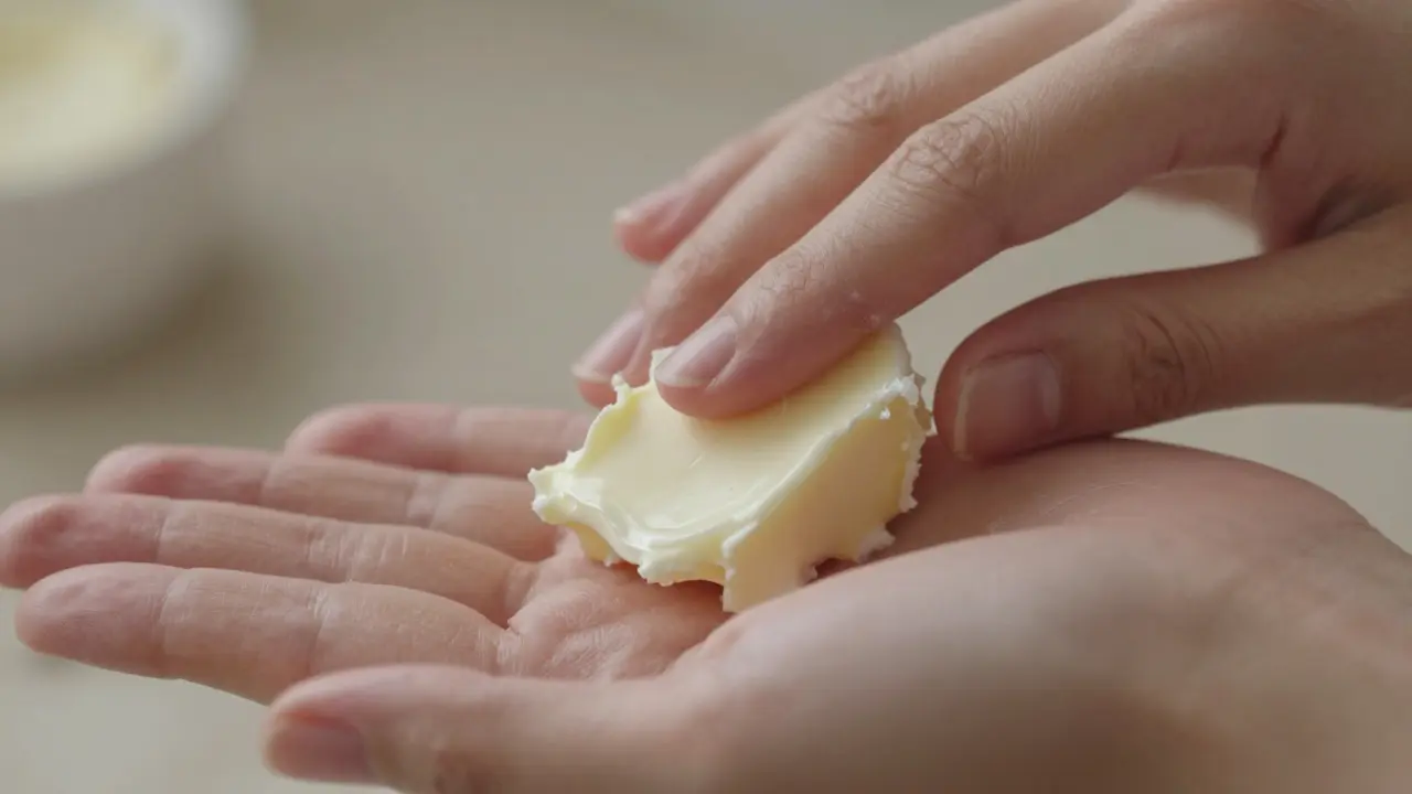 Hands melting a piece of raw shea butter between palms