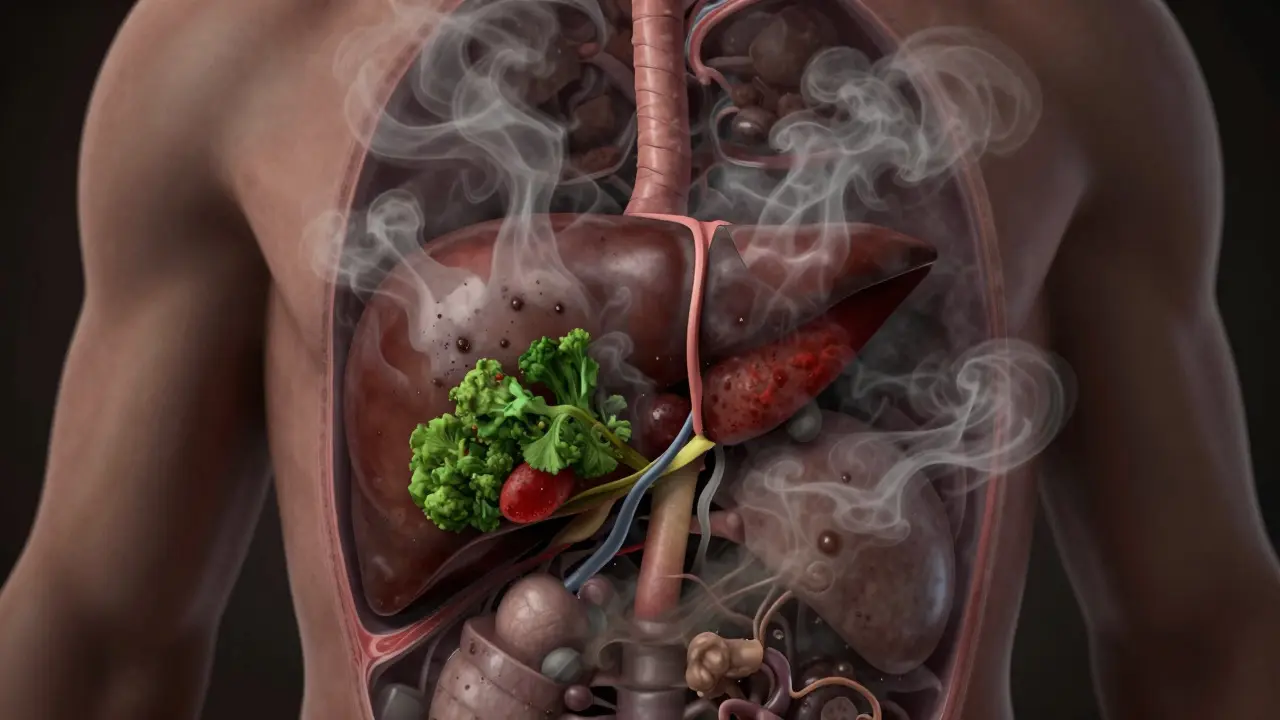 Ilustrace přetížených jater s hromaděním toxinů