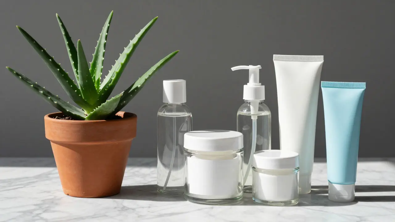 Kompozice čerstvé rostliny aloe vedle skleněných nádob s komerčními produkty