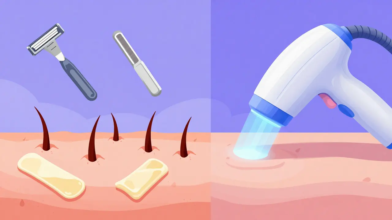 Konceptuální ilustrace srovnávající bolestivé holení s moderní laserovou epilací