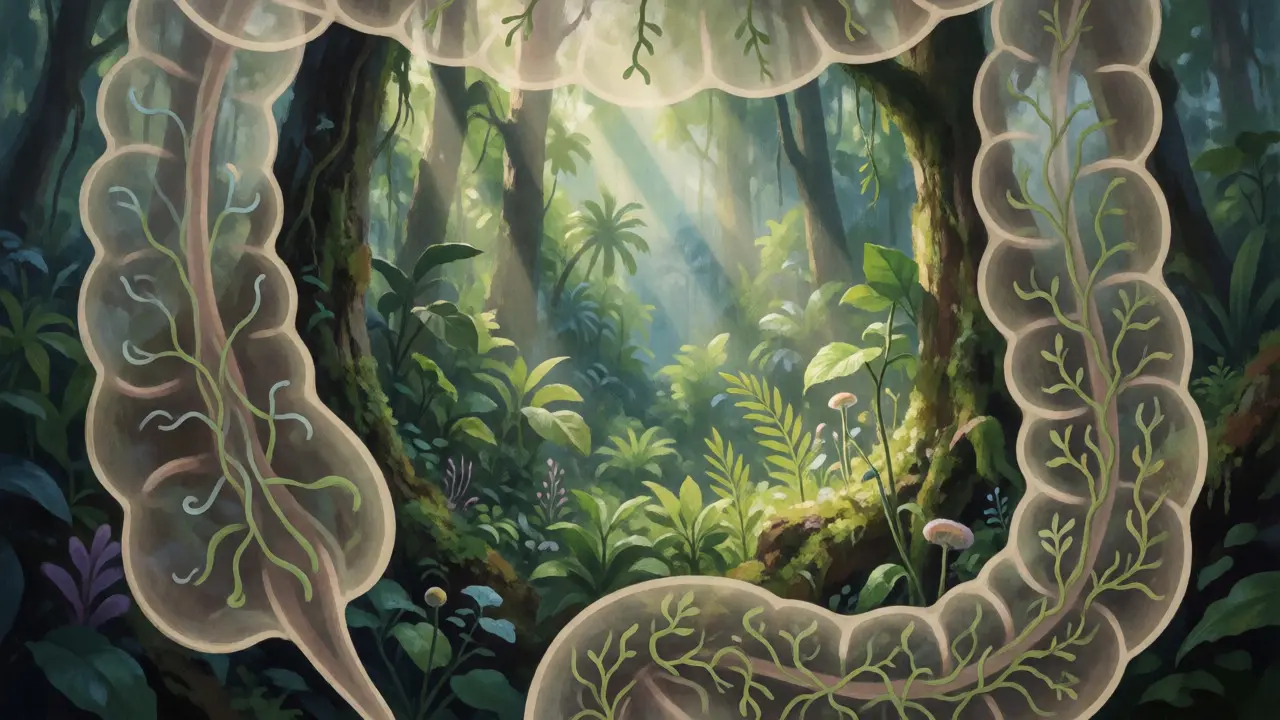 Konceptuální ilustrace střevního mikrobiomu jako tropického pralesa