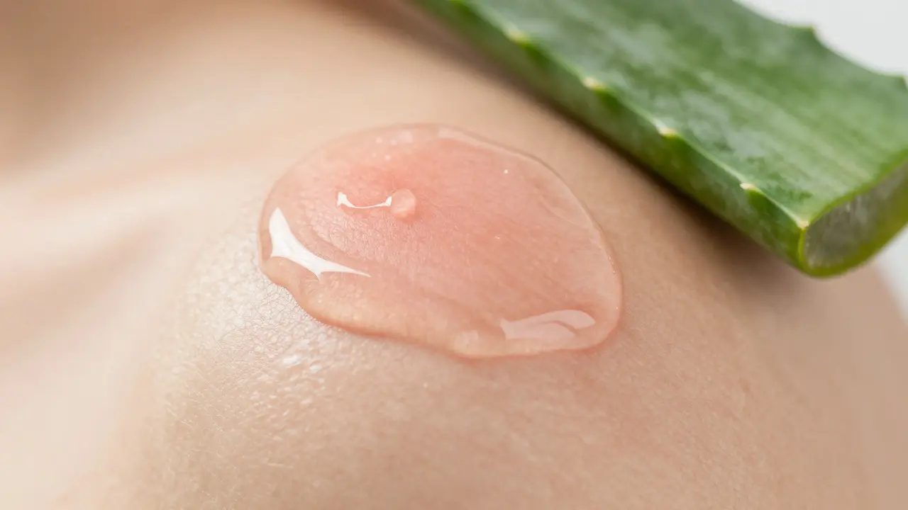 Makro záběr kůže s aplikovaným gelem z aloe vera pro hojení popálenin