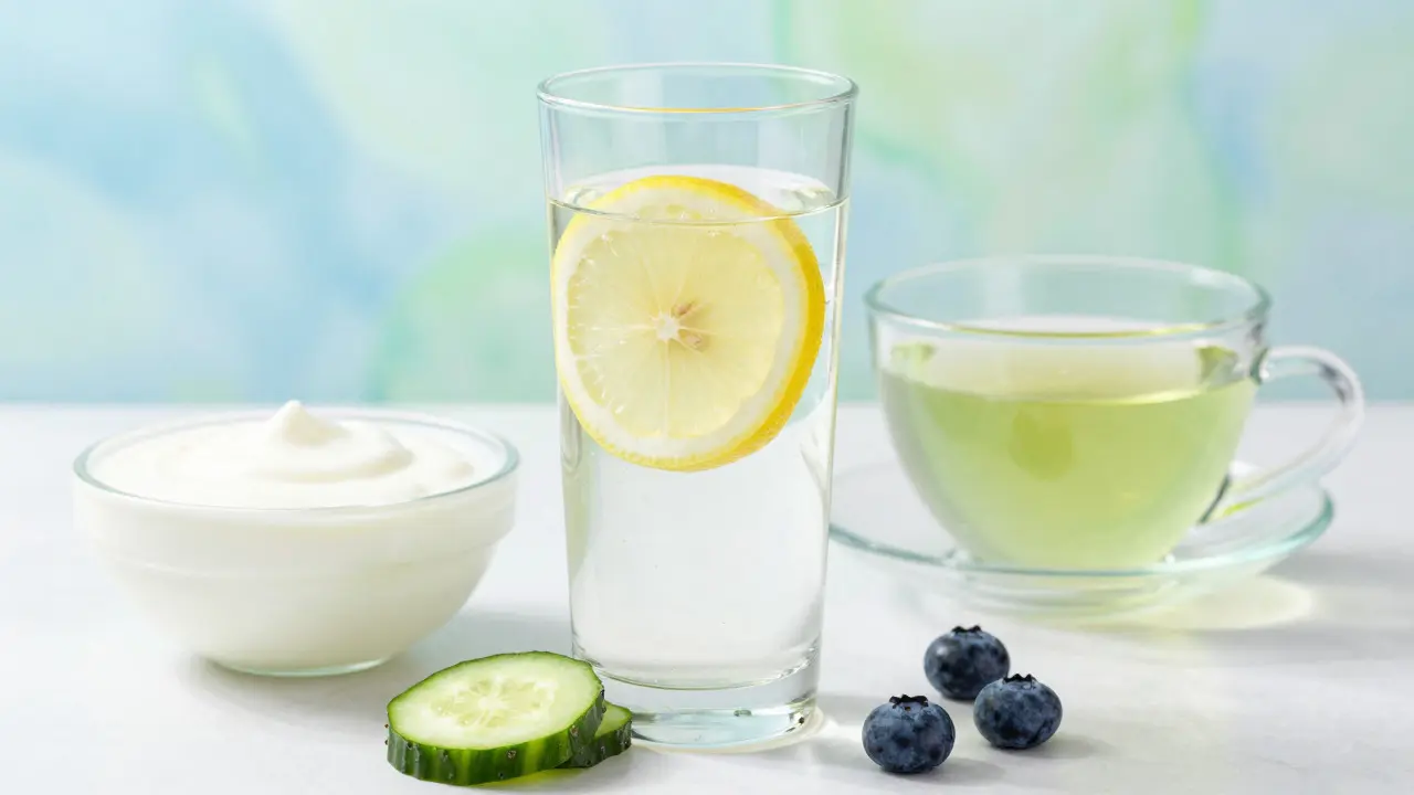 Sklenice vody s citronem, jogurt a zelený čaj
