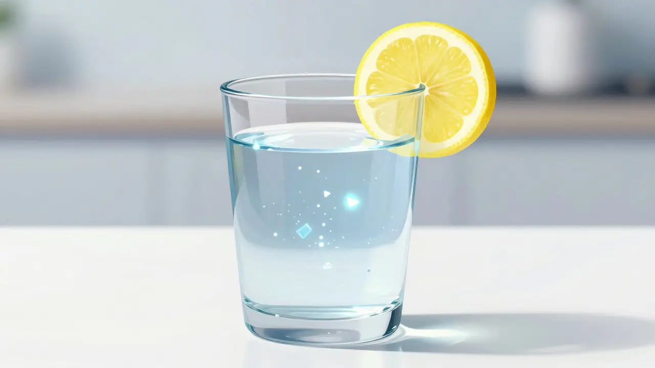 Sklenice vody s citrónem symbolizující hydrataci a doplnění elektrolytů během nemoci.