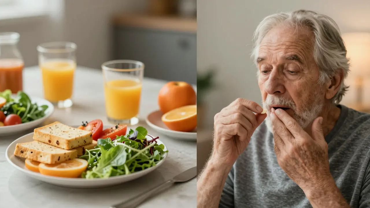 Veganská snídaně a senior s doplňkem stravy zdůrazňují potřebu vitamínu B12