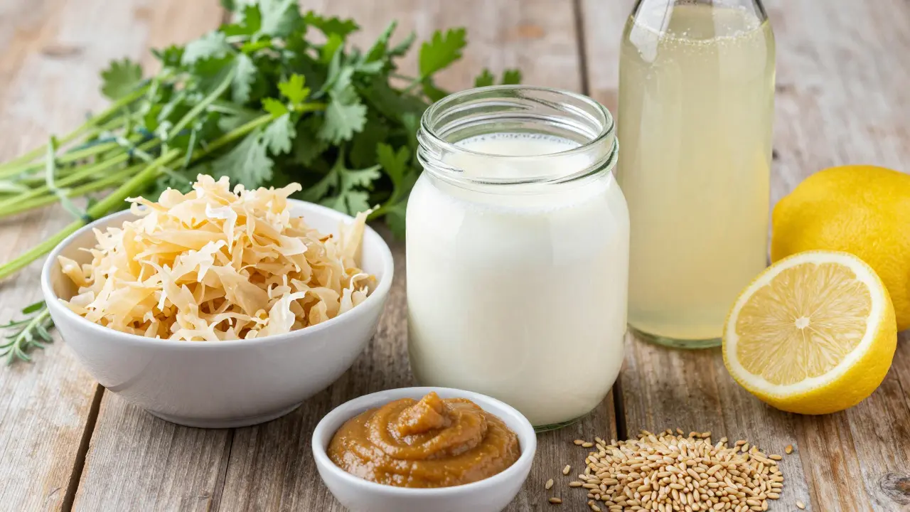 Výběr fermentovaných potravin jako kefír, kysané zelí a kombucha na dřevěném stole