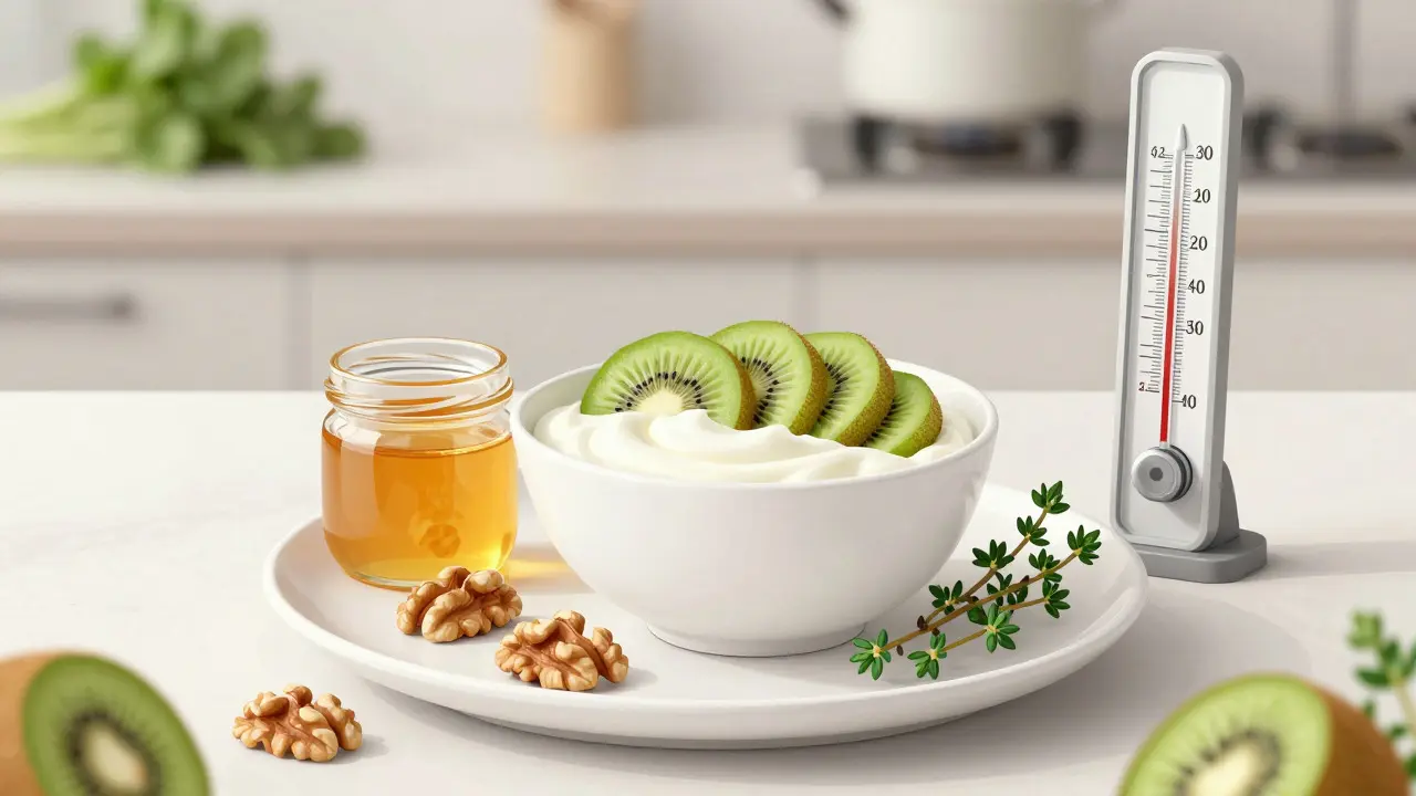 Yogurt with kiwi and walnuts next to a thermometer on a plate