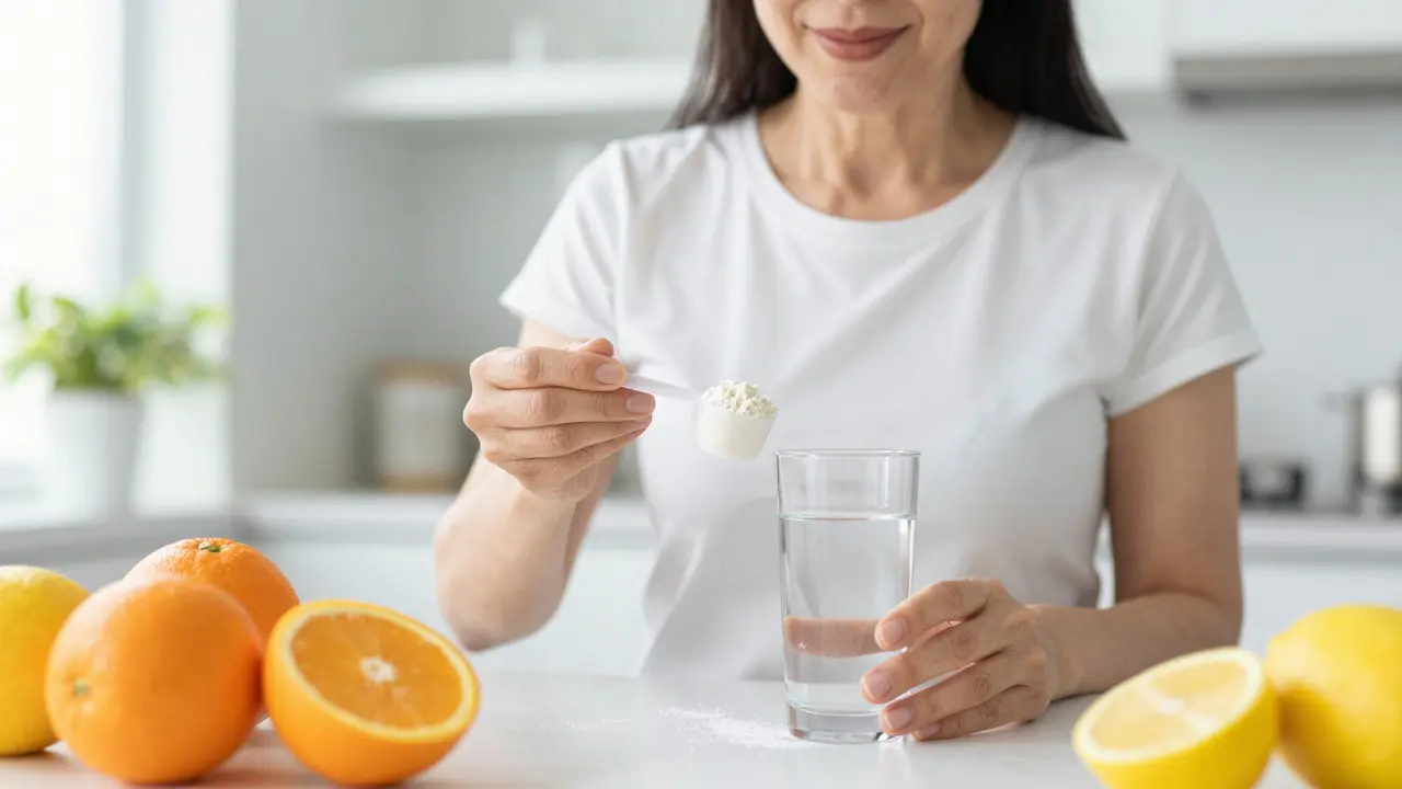 Žena připravuje ranní dávku kolagenu s vitamínem C