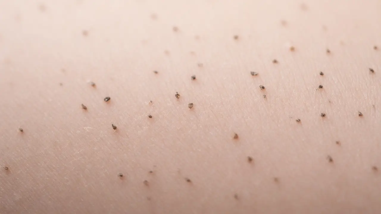 Detail pokožky s drobnými stroupky ve fázi regenerace