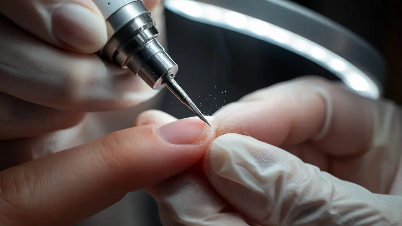 Detailní záběr na jemné odstraňování kutikuly elektrickou frézkou