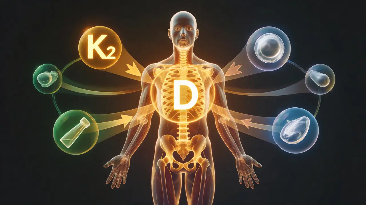 Ilustrace spolupráce vitamínu D, K2 a hořčíku