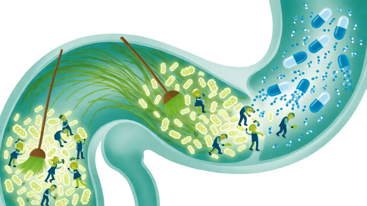 Ilustrace zdravého střevního mikrobiomu s probiotiky a vlákninou