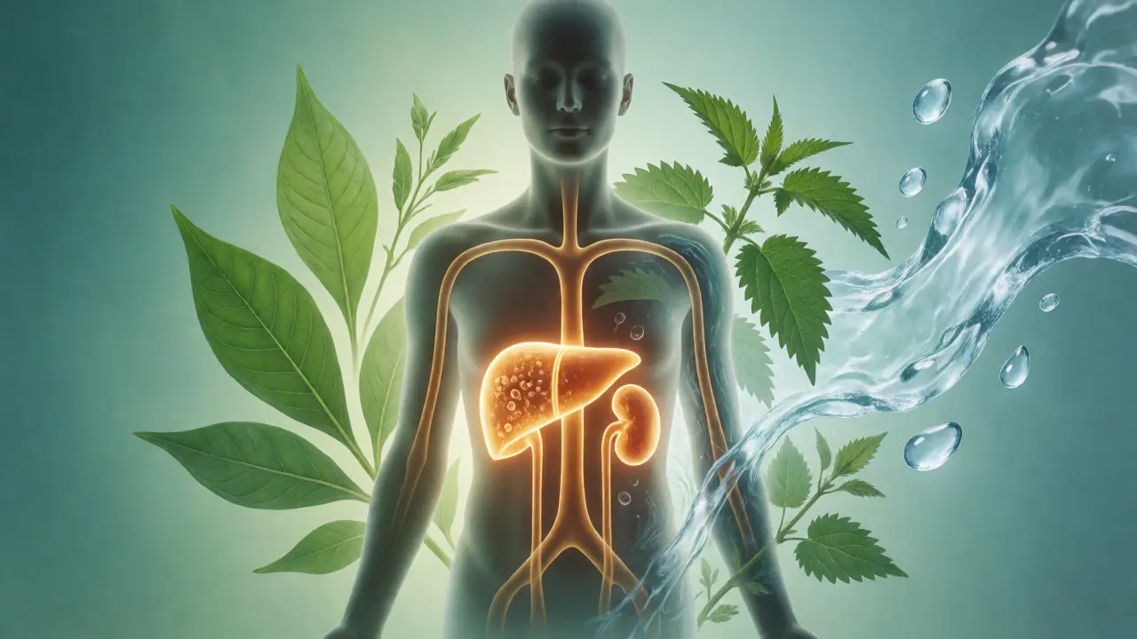 Konceptuální ilustrace těla s jasnými cestami jater a ledvin při detoxikaci.