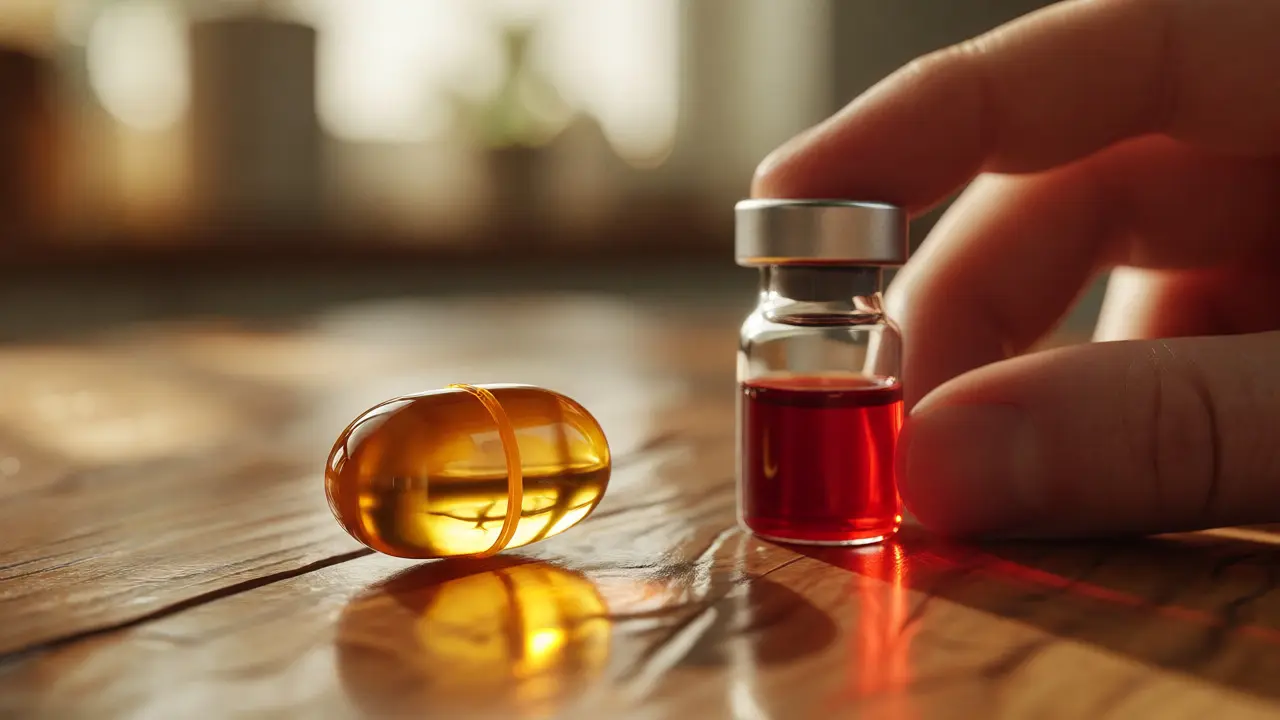 Krevní vzorek a kapsle vitamínu D na stole