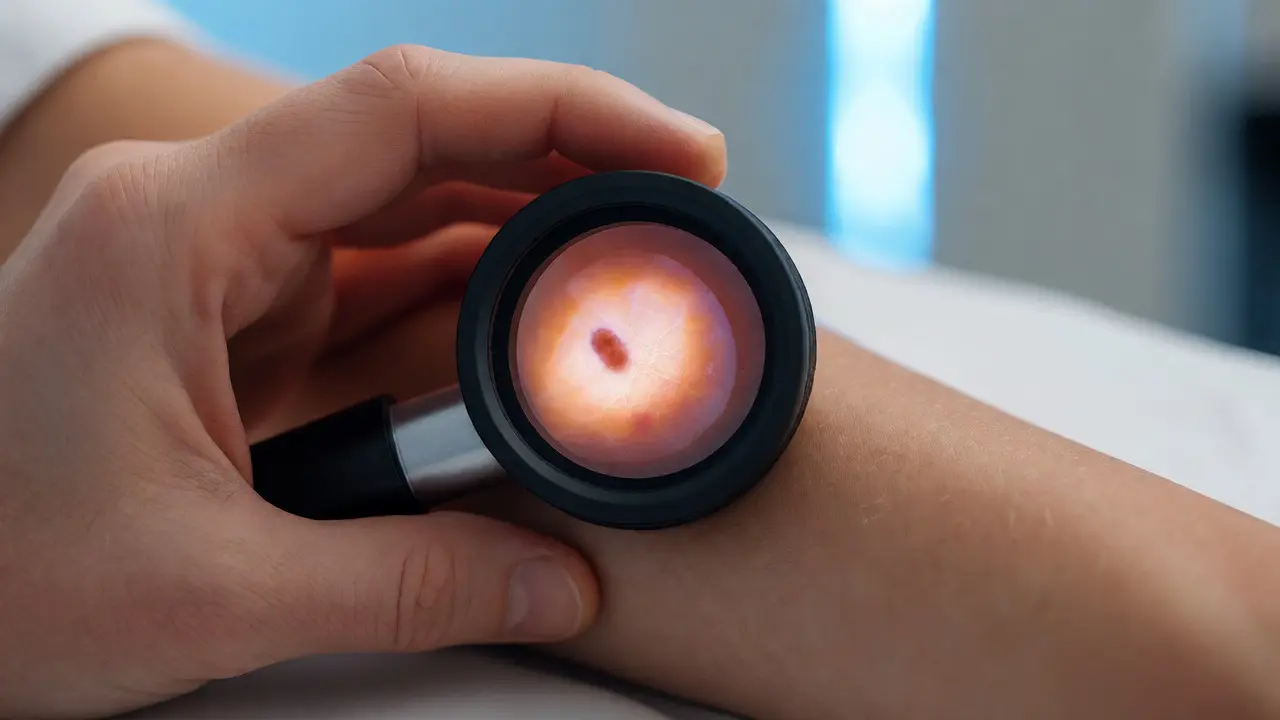 Lékař používá dermatoskop k detailnímu vyšetření znaménka na předloktí pacienta