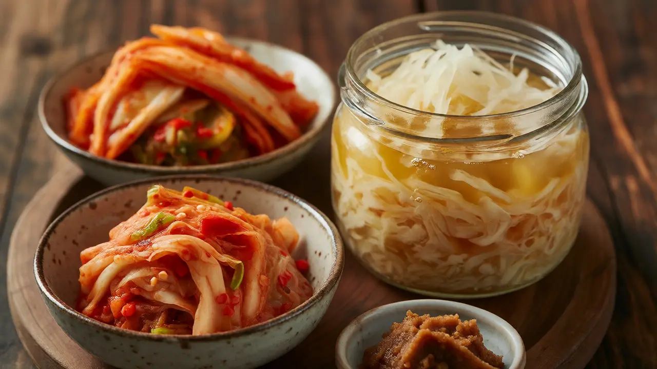 Miska pikantního kimchi, sklenice kyselého zelí a talířek misa pasty.
