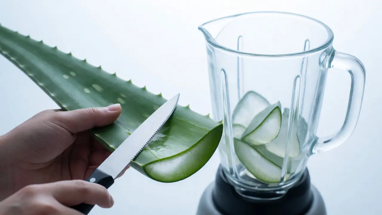 Odstraňování zelené slupky z listu aloe vera pro získání průhledného gelu