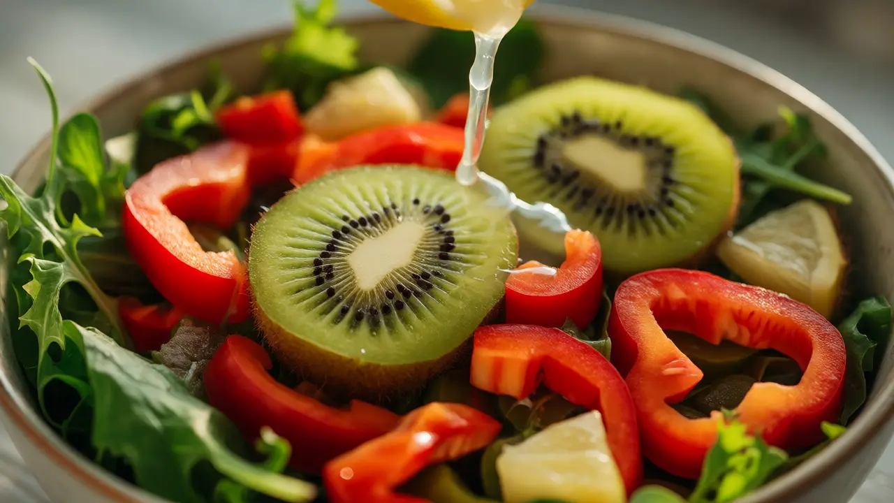 Salát s paprikou a kiwi politý citronovou šťávou pro lepší vstřebávání železa.