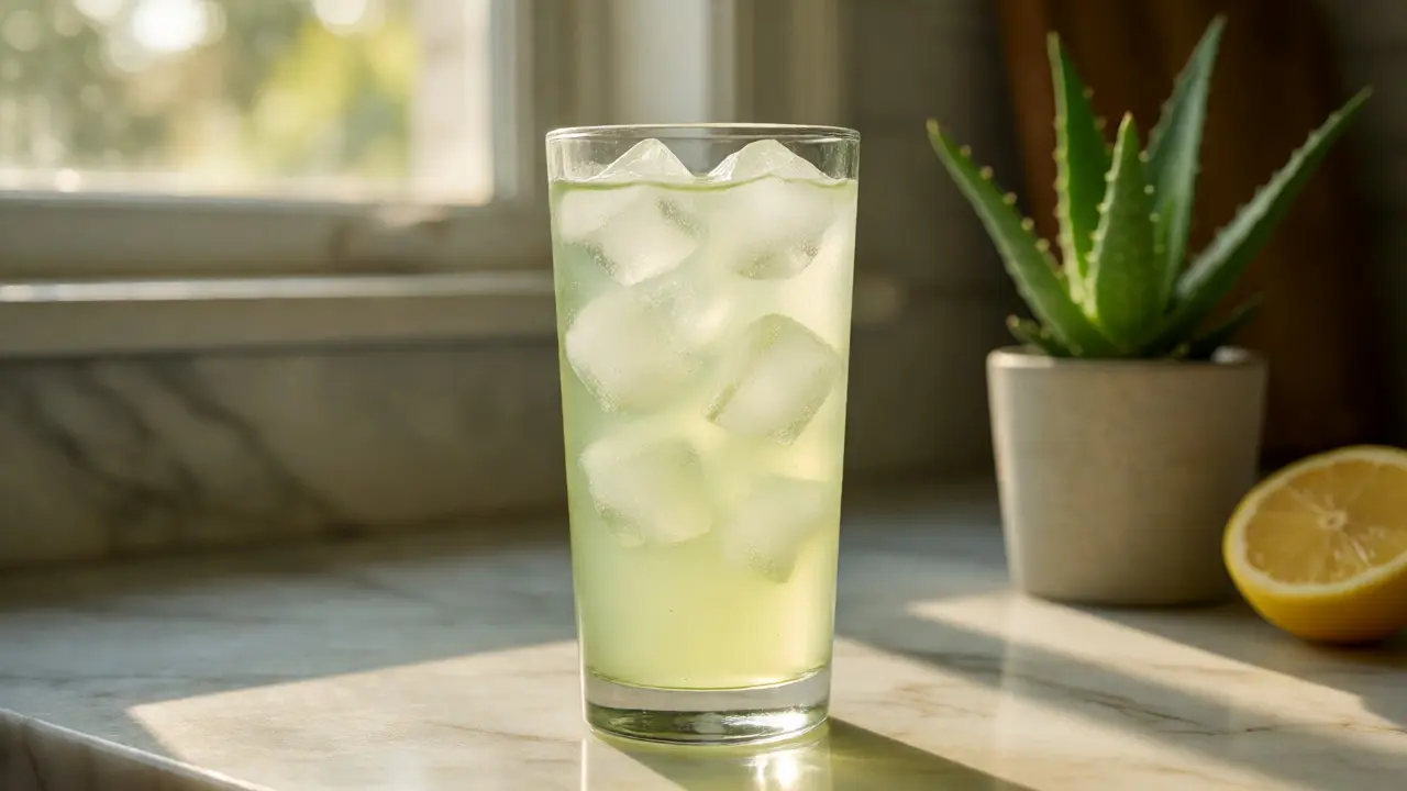 Sklenice s ledem a domácí šťávou z aloe vera vedle květináče