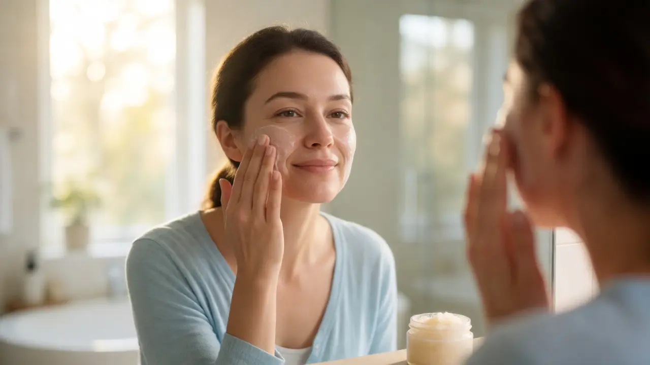 Žena nanáší hydratační krém na zářivou pleť po exfoliaci
