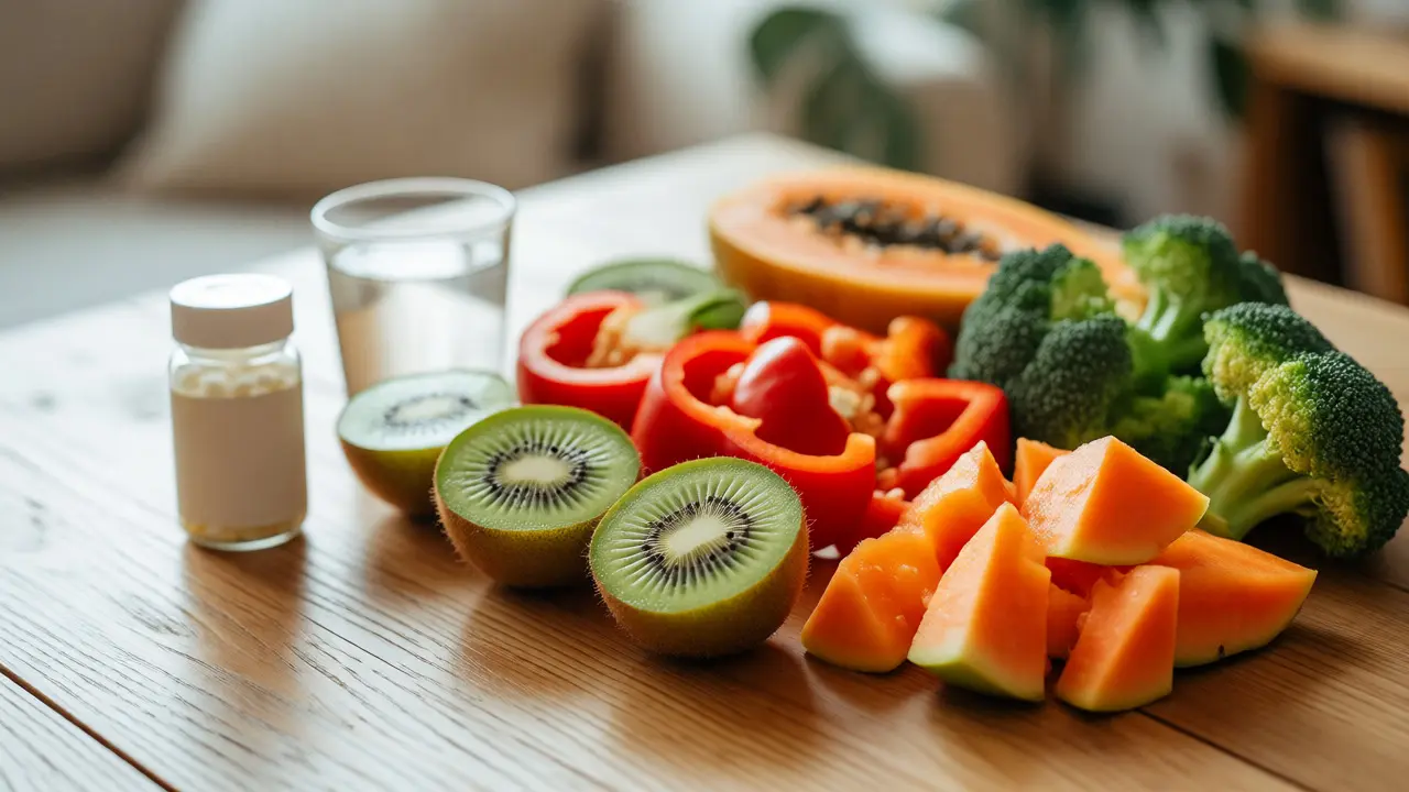 Čerstvé ovoce a zelenina bohaté na vitamín C na dřevěném stole