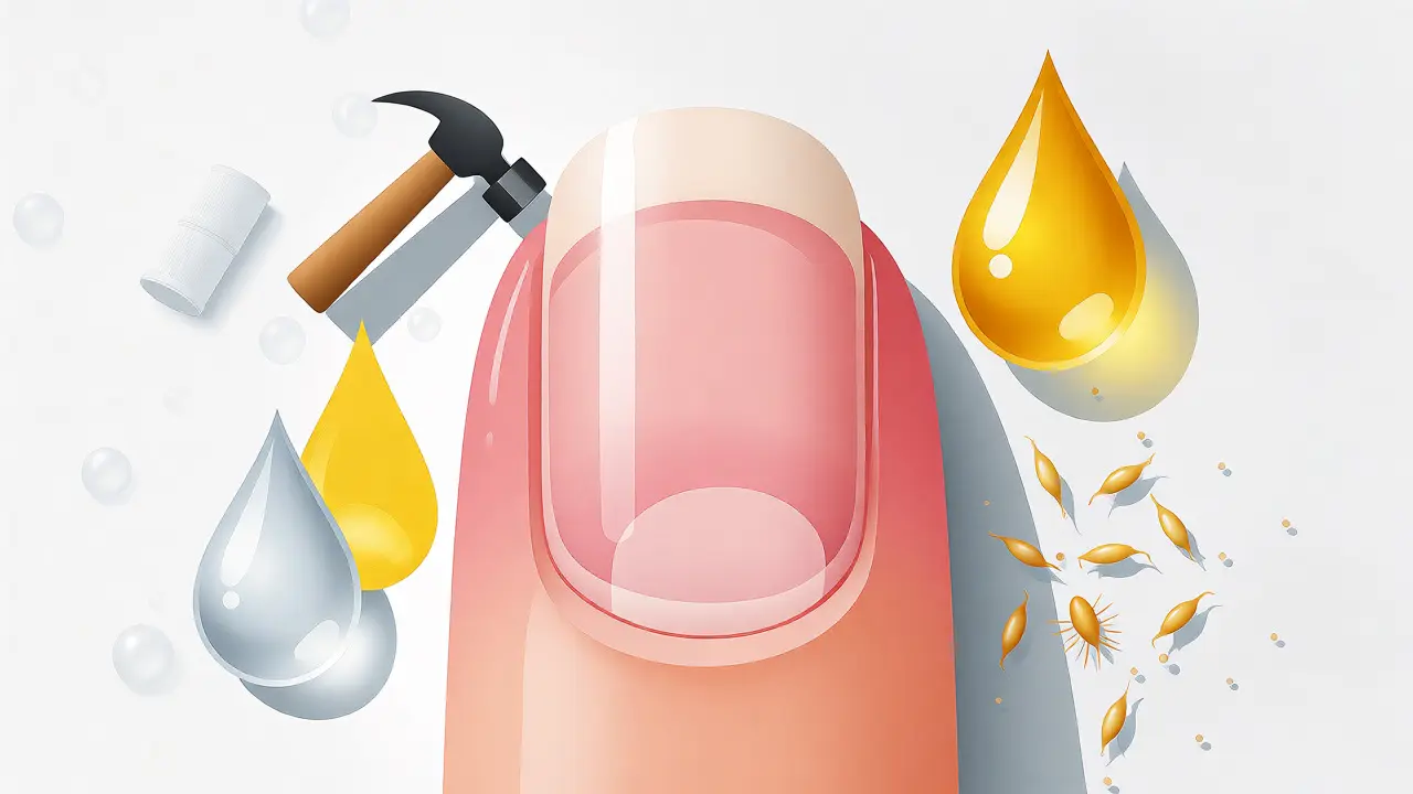 Ilustrace příčin slezení nehtu včetně úrazu a chemie