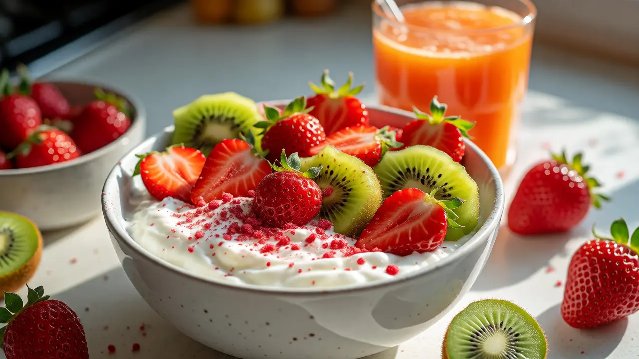 Jogurt s jahodami, kiwi a práškem z aceroly k snídani