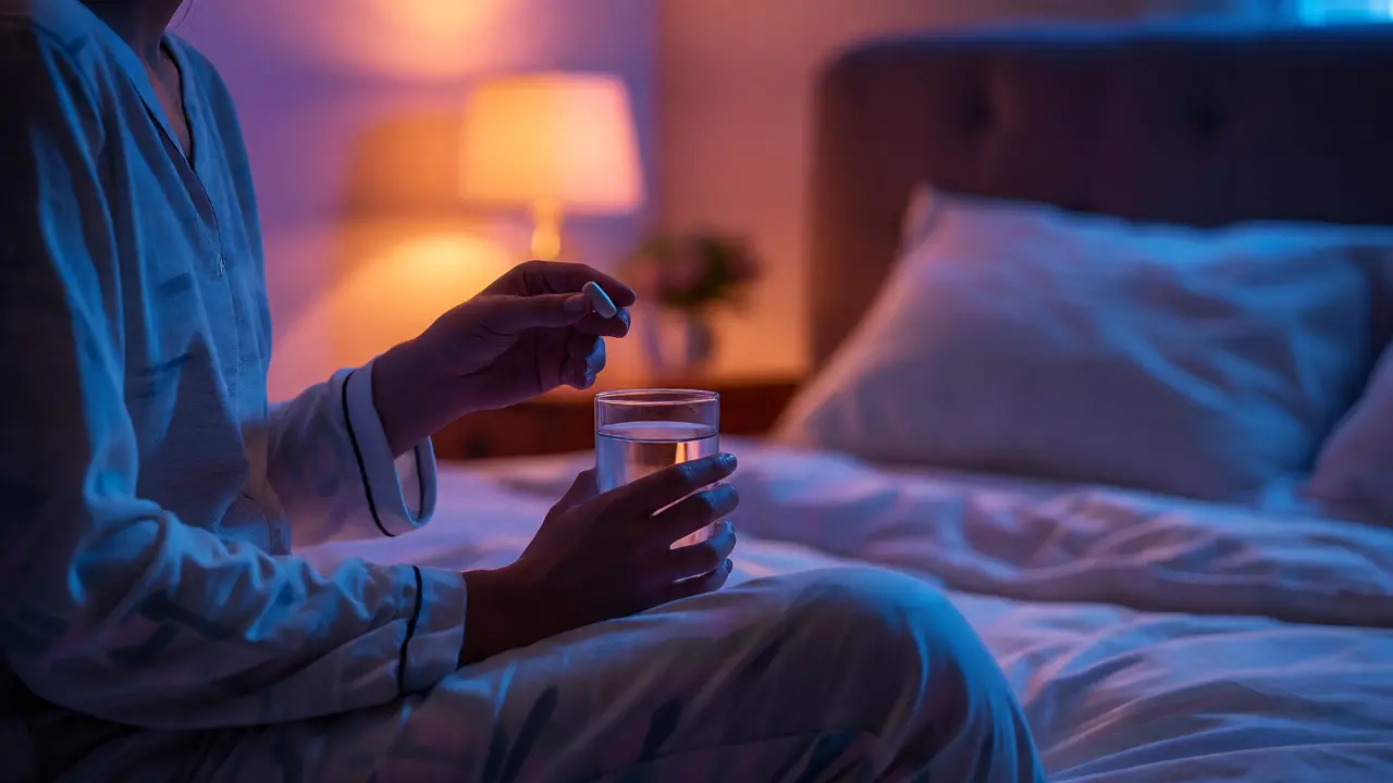 Klidná večerní scéna s užíváním hořčíku před spaním