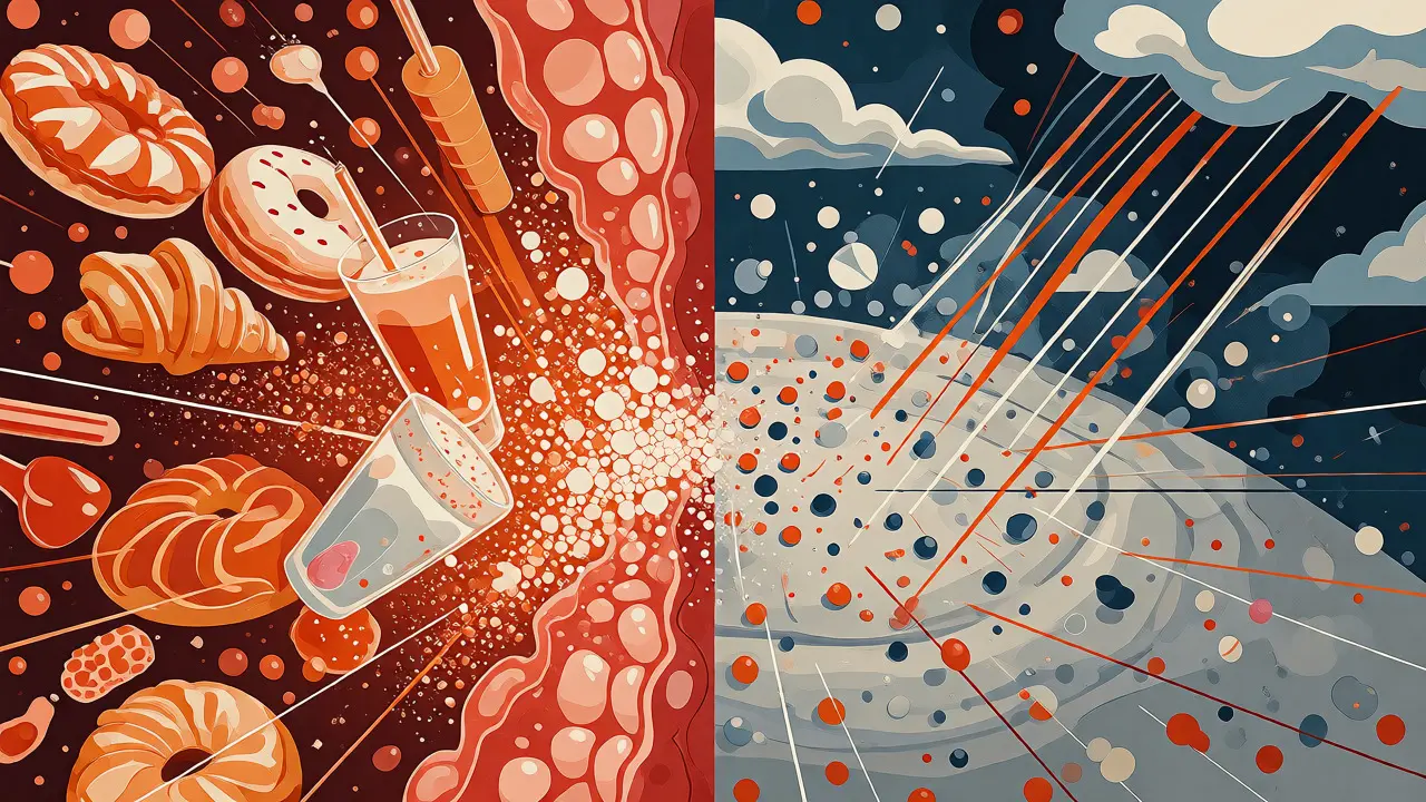 Konceptuální ilustrace vnitřních a vnějších faktorů poškozujících kožní bariéru.