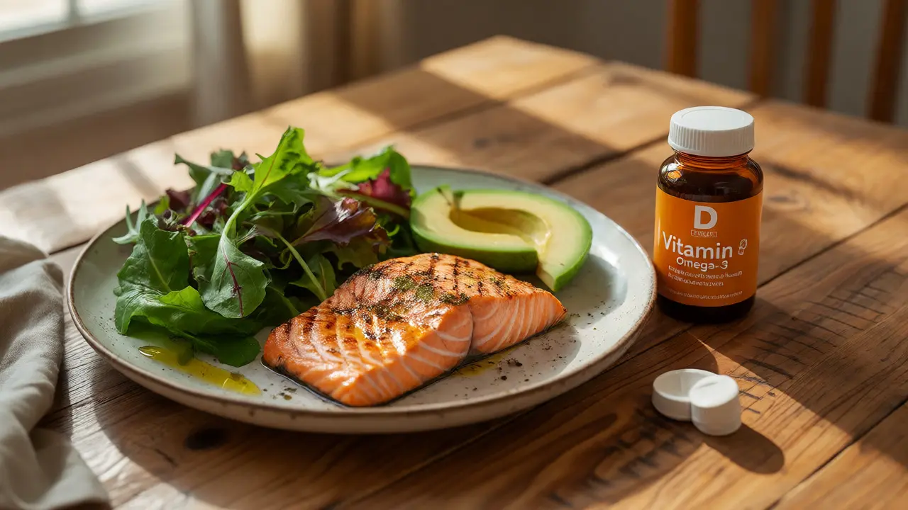 Oběd s lososem, avokádem a doplňky vitamínu D a omega-3