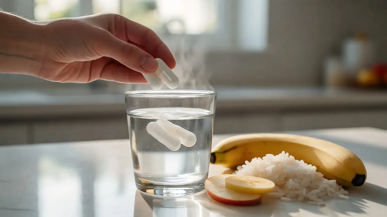Ruka polykající kapsle probiotik se sklenicí vody a zdravými potravinami