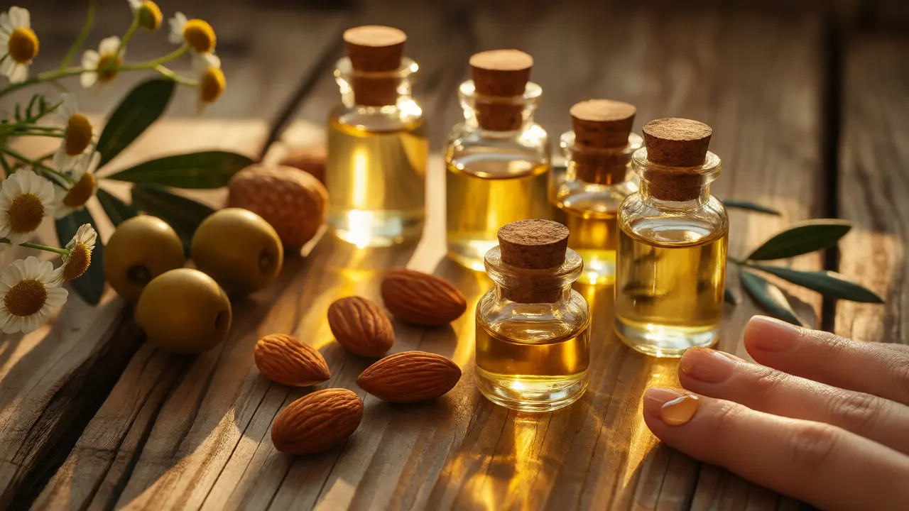 Skleněné lahvičky s oleji a přírodními ingrediencemi na dřevěném stole