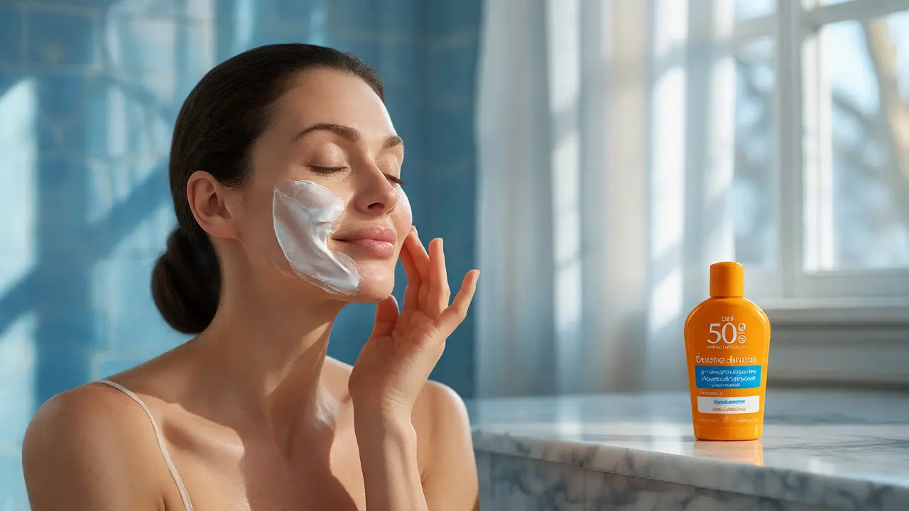 Žena aplikuje hydratační krém po peelingu vedle krému SPF