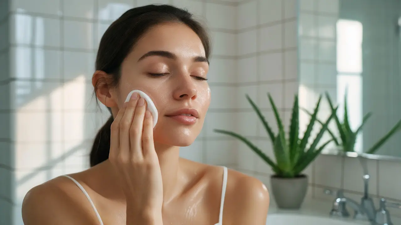 Žena jemně nanáší pleťovou vodu z aloe vera vatovým tamponem na obličej