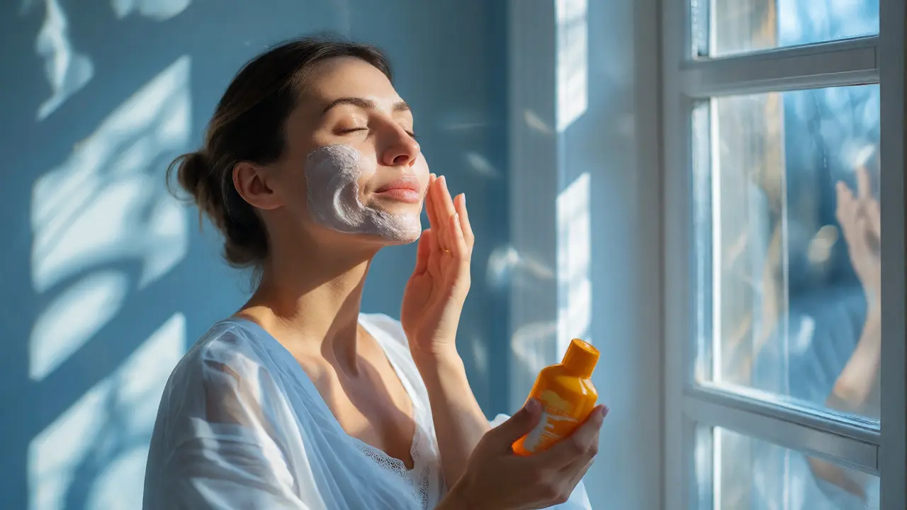 Žena nanáší hydratační krém a připravuje se na aplikaci SPF po provedení peelingu.